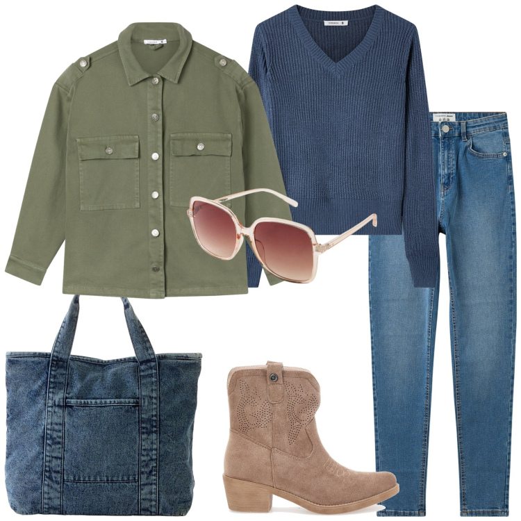 Outfit donna - Un pomeriggio. Stile Casual per Tutti i giorni. Abbinamento con occhiali da sole, shopping bag, maglieria, cappotti, jeans skinny, stivaletti texani.