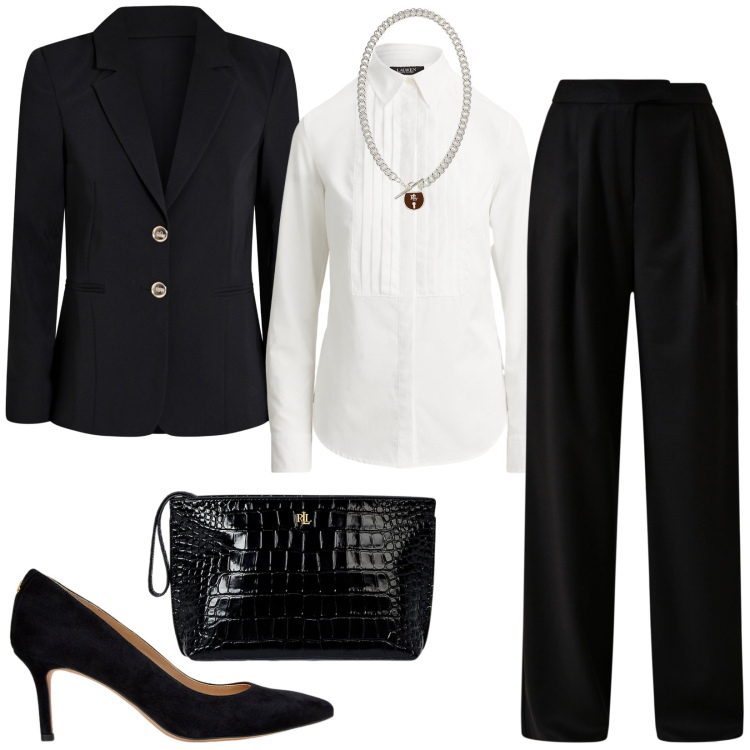Outfit donna - La camicia in stile mannish. Stile Mannish per Serata fuori. Abbinamento con blazer, pantaloni, pochette, ciondoli, camicie, décolleté.