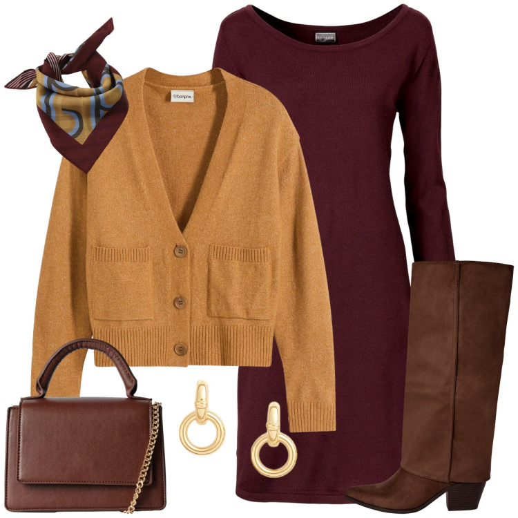 Outfit donna - Cardigan avvolgente moda curvy. Stile Casual chic per Tutti i giorni. Abbinamento con vestiti lunghi, cardigans, borse a tracolla, stivali sopra il ginocchio, foulard, orecchini.
