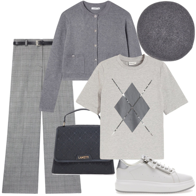 Outfit donna - Total look #2257710. Stile Sporty chic per Scuola/Università. Abbinamento con t-shirt, pantaloni, cardigans, sneakers, borse a spalla, cappelli e berretti.