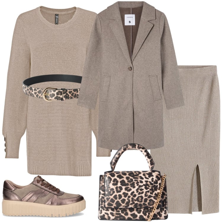 Outfit donna - Di corsa in città. Stile Casual per Tutti i giorni. Abbinamento con maglieria, gonne, cinture, borse a tracolla, cappotti, sneakers.