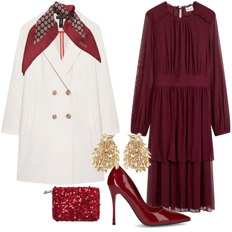 Outfit donna - Evento/cerimona elegante low cost. Stile Chic per Serata fuori. Abbinamento con vestiti, portafogli, orecchini, foulard, décolleté, cappotti.