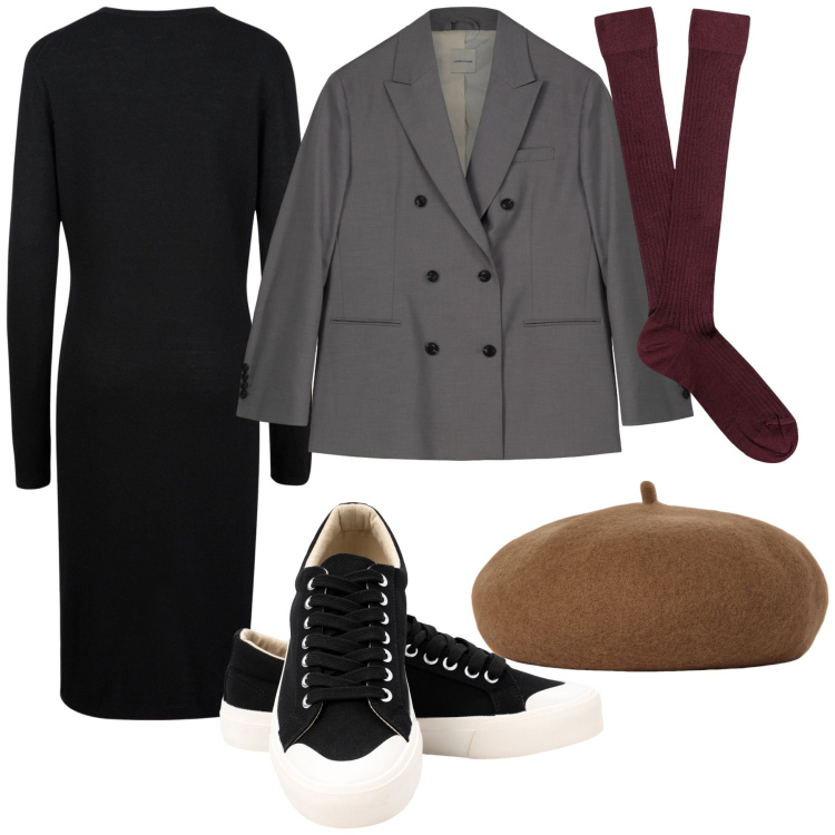 Outfit donna - Mix Doppelganger look. Stile Trendy per Ufficio. Abbinamento con vestiti midi/longuette, blazer, sneakers, cappelli e berretti, calzini.