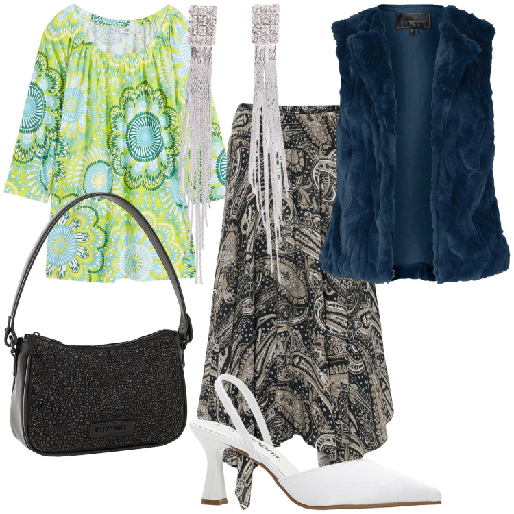 Outfit donna - Cerimonia Bonprix. Stile Boho per Cerimonia. Abbinamento con gonne longuette, gilet, maglieria, orecchini, décolleté, borse a mano.