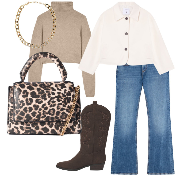 Outfit donna - Terranova all day long. Stile Sporty chic per Tutti i giorni. Abbinamento con borse a tracolla, jeans a zampa, collane, maglieria, stivaletti texani, blazer.
