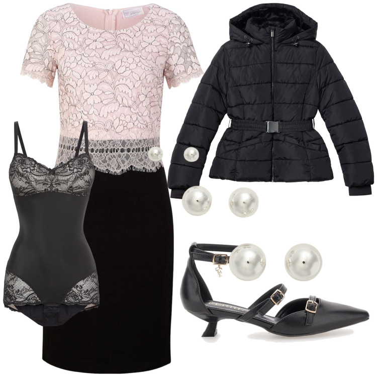 Outfit donna - Freddo bonton. Stile Chic per Serata fuori. Abbinamento con body, vestiti, blazer, orecchini, décolleté.