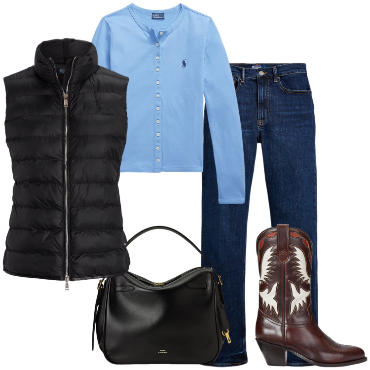 Outfit donna - Polo Ralph Lauren look. Stile Casual chic per Tutti i giorni. Abbinamento con stivali, jeans dritti, borse a mano, cardigans, piumini.