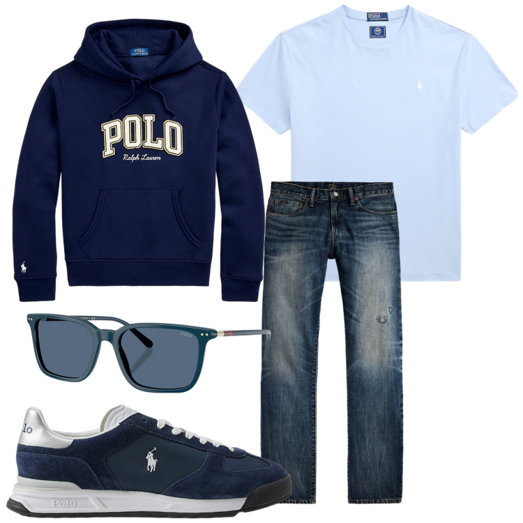 Outfit uomo - Per sempre giovane. Stile Urban per Tutti i giorni. Abbinamento con occhiali da sole, sneakers, jeans dritti, felpe con cappuccio, t-shirt.
