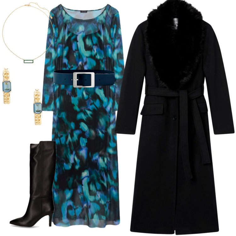 Outfit donna - Vestito ottanio per un invito a cena. Stile Chic per Serata fuori. Abbinamento con cinture, cappotti, collane, orecchini, vestiti lunghi, stivali.