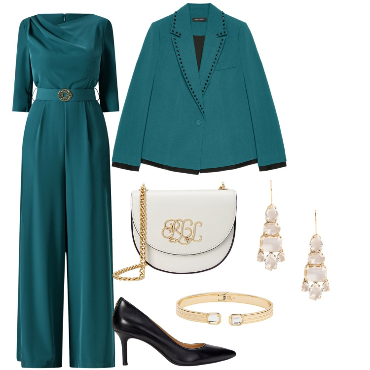 Outfit donna - Battesimo look ottanio. Stile Chic per Cerimonia. Abbinamento con vestiti chemisier, borse a tracolla, braccialetti, décolleté, orecchini, blazer.