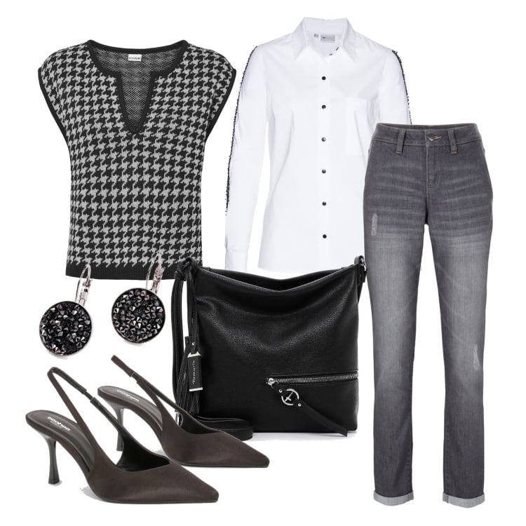 Outfit femme - Octobre. Style Casual chic pour Bureau. Assortir avec pulls, chemisiers, jean déchiré, boucles d'oreilles, sacs en bandoulière, chaussures à talon.