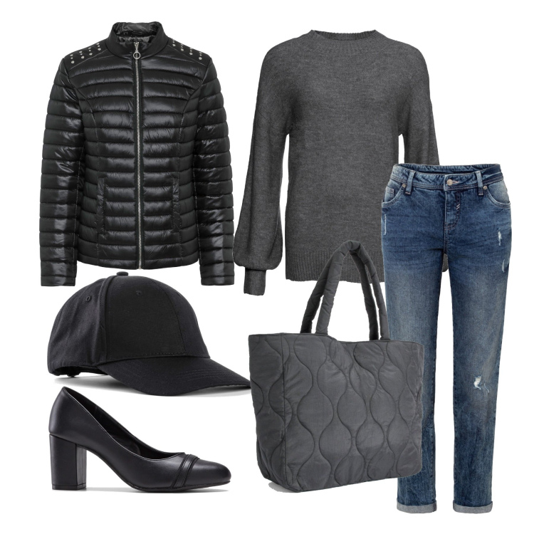 Outfit femme - Octobre. Style Casual chic pour Bureau. Assortir avec gros pulls, jean boyfriend, blazers, chaussures à talon, chapeaux avec visière, sacs tote.