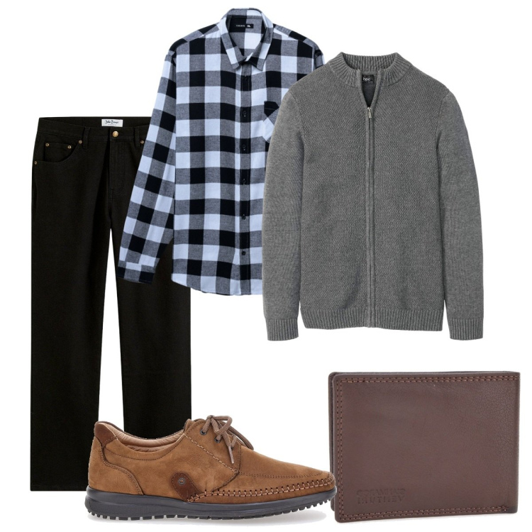 Outfit uomo - Total look #2257743. Stile Urban per Tutti i giorni. Abbinamento con jeans dritti, cardigans, camicie, portafogli, scarpe stringate.