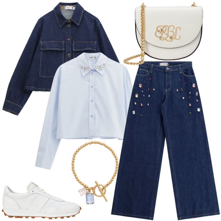Outfit donna - Jeans strepitosi con gemme applicate. Stile Casual per Scuola/Università. Abbinamento con jeans, camicie, blazer, borse a tracolla, sneakers, braccialetti.