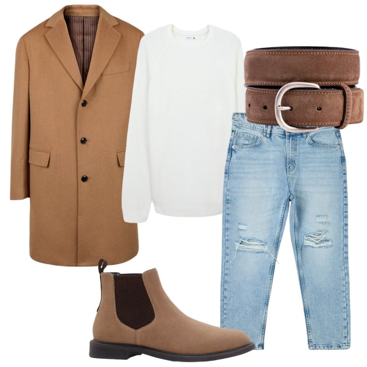 Outfit uomo - Total look #2257747. Stile Urban per Tutti i giorni. Abbinamento con stivali e stivaletti, maglieria, jeans strappati, cappotti, cinture.
