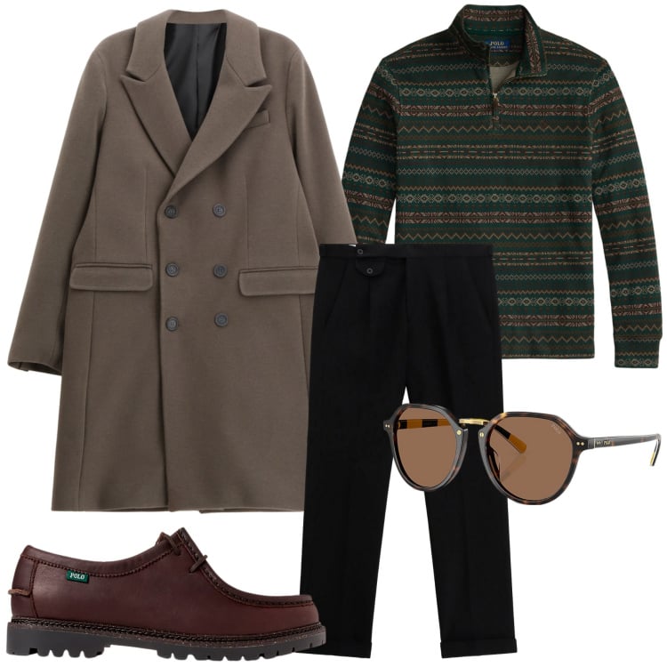 Outfit uomo - In città. Stile Urban per Tutti i giorni. Abbinamento con cappotti, pantaloni, scarpe stringate, occhiali da sole, pullovers.