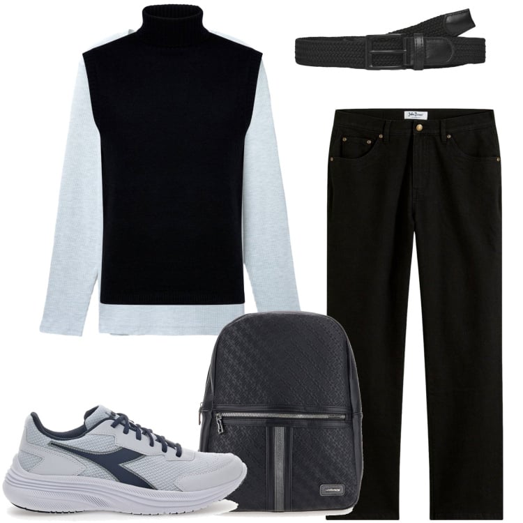 Outfit uomo - Maglia e gilet. Stile Trendy per Tutti i giorni. Abbinamento con jeans dritti, t-shirt, cinture, borse sportive, gilet, sneakers.