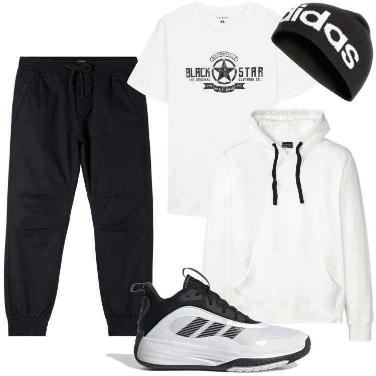 Outfit uomo - Sportivo bianco e nero. Stile Urban per Sport. Abbinamento con felpe con cappuccio, t-shirt, pantaloni, scarpe sportive, berretti.