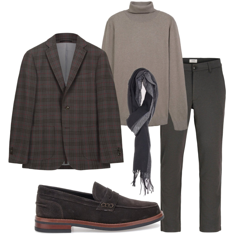 Outfit uomo - In ufficio. Stile Business/Elegante per Ufficio. Abbinamento con pantaloni chino, maglieria, sciarpe, giacche, scarpe stringate.