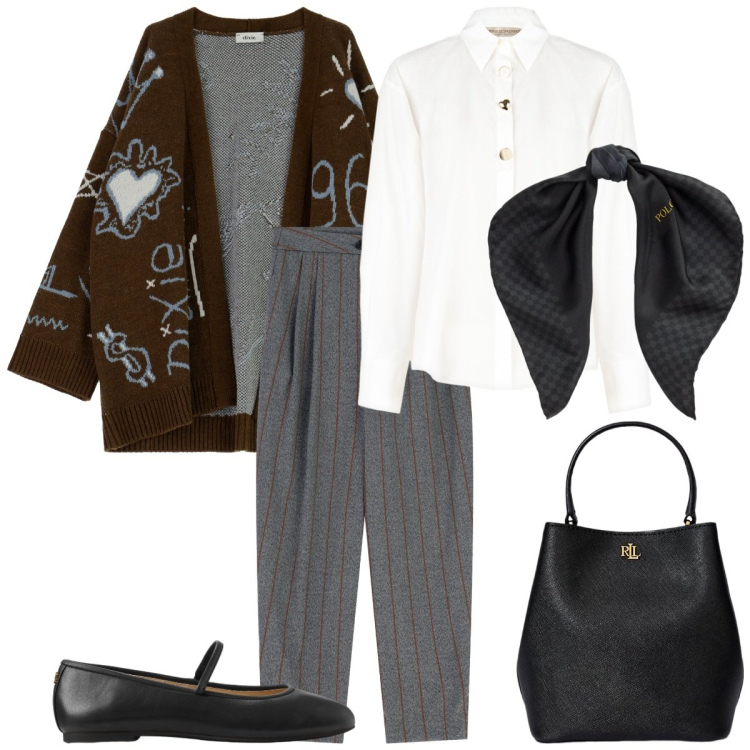 Outfit donna - Perfetta per l\'ufficio. Stile Basic per Ufficio. Abbinamento con camicie, pantaloni, cardigans, borse a secchiello, ballerine, foulard.