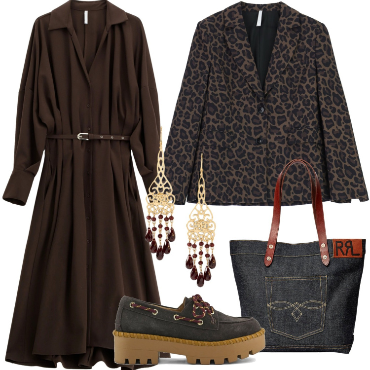 Outfit donna - Blazer animalierl con carattere e stile. Stile Trendy per Tutti i giorni. Abbinamento con vestiti lunghi, blazer, borse tote, orecchini, mocassini.