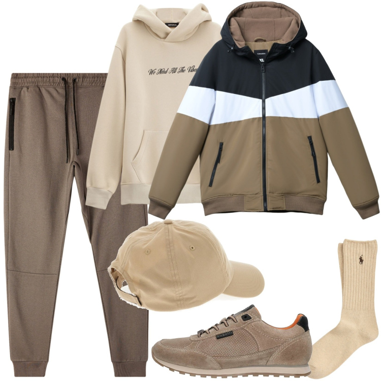 Outfit uomo - Guardaroba rilassato. Stile Urban per Sport. Abbinamento con piumini, pantaloni sportivi, felpe con cappuccio, calzini, cappelli, sneakers.