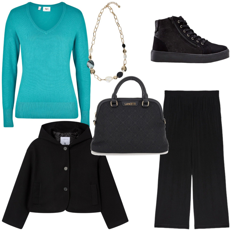 Outfit donna - Eleganza discreta. Stile Casual chic per Tutti i giorni. Abbinamento con maglieria, sneakers alte, caban, borse a spalla, collane, pantaloni.