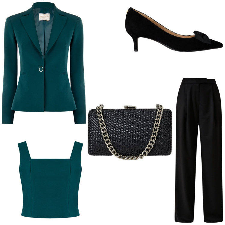 Outfit donna - Cerimonia in vista. Stile Chic per Cerimonia. Abbinamento con top, blazer, pantaloni, clutch, décolleté.
