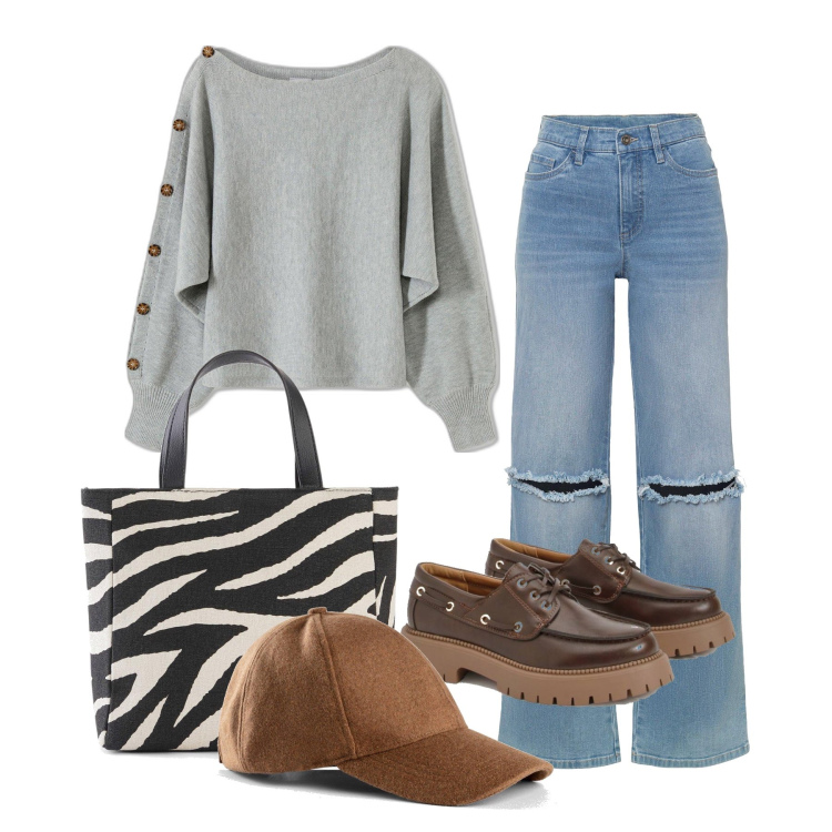 Outfit femme - Octobre. Style Casual pour Tous les jours. Assortir avec pulls, sacs à main, jeans, chapeaux avec visière, mocassins.