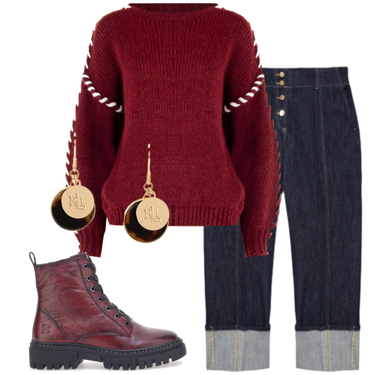 Outfit donna - Total look #2257772. Stile Casual chic per Tutti i giorni. Abbinamento con maglieria, orecchini, jeans, anfibi.