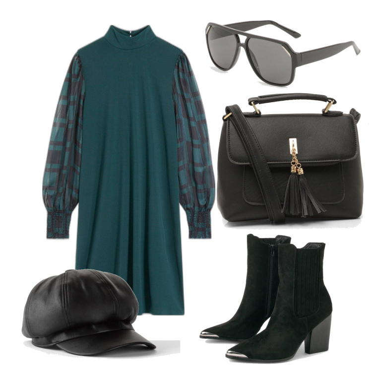 Outfit femme - Octobre. Style Glamour pour Tous les jours. Assortir avec chapeaux avec visière, robes, sacs en bandoulière, lunettes de soleil, boots.