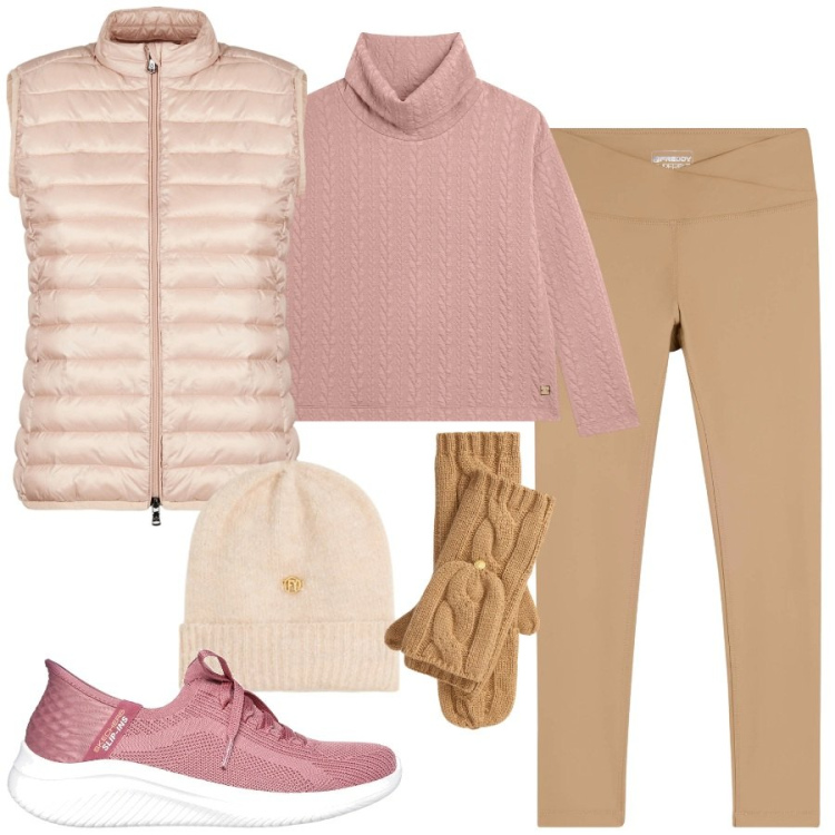 Outfit donna - Camminando al mattino. Stile Sporty chic per Sport. Abbinamento con maglieria, leggings, berretti, piumini, guanti, sneakers.