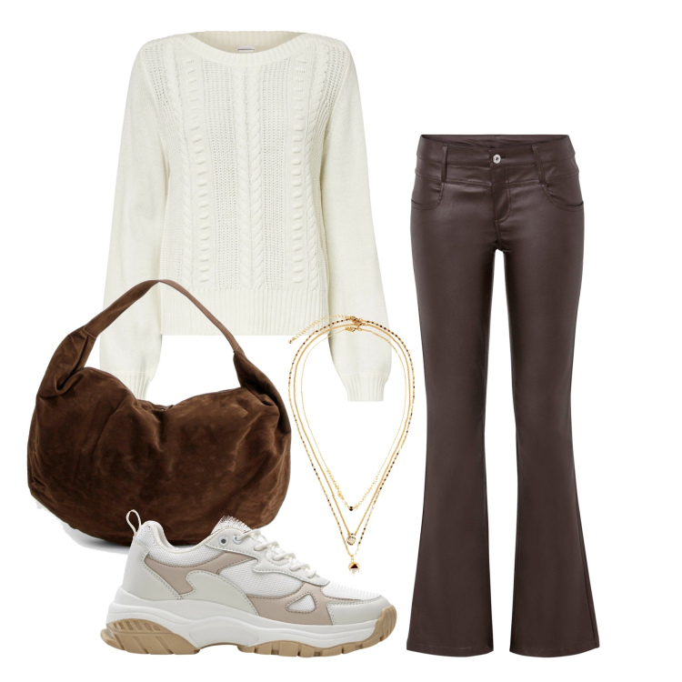 Outfit femme - Octobre. Style Casual chic pour Tous les jours. Assortir avec sneakers, colliers, pulls, pantalon , sacs à main.