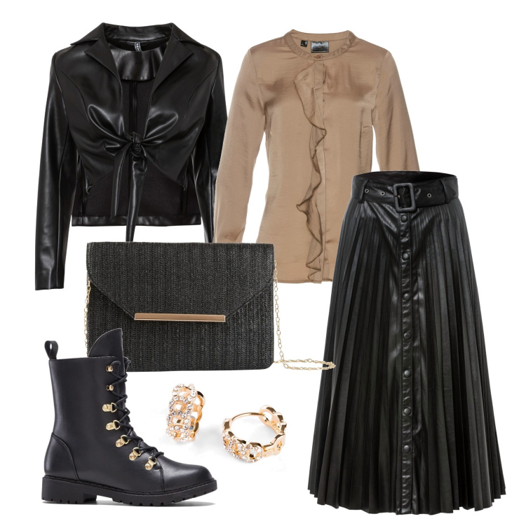 Outfit femme - Octobre. Style Glamour pour Tous les jours. Assortir avec tuniques, jupes longues, manteaux, boucles d'oreilles, bottines, pochette.