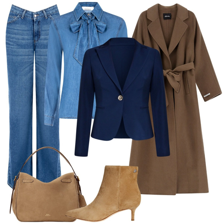 Outfit donna - Denim elegante. Stile Casual chic per Ufficio. Abbinamento con jeans, camicie, blazer, cappotti, stivaletti, borse a mano.