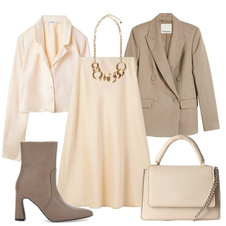 Outfit donna - Minimal chic. Stile Chic per Tutti i giorni. Abbinamento con blazer, gonne lunghe, borse a tracolla, camicie, stivaletti, collane.