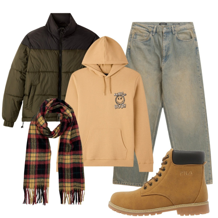 Outfit uomo - Total look #2257784. Stile Urban per Tutti i giorni. Abbinamento con felpe con cappuccio, bomber, jeans, sciarpe, anfibi.