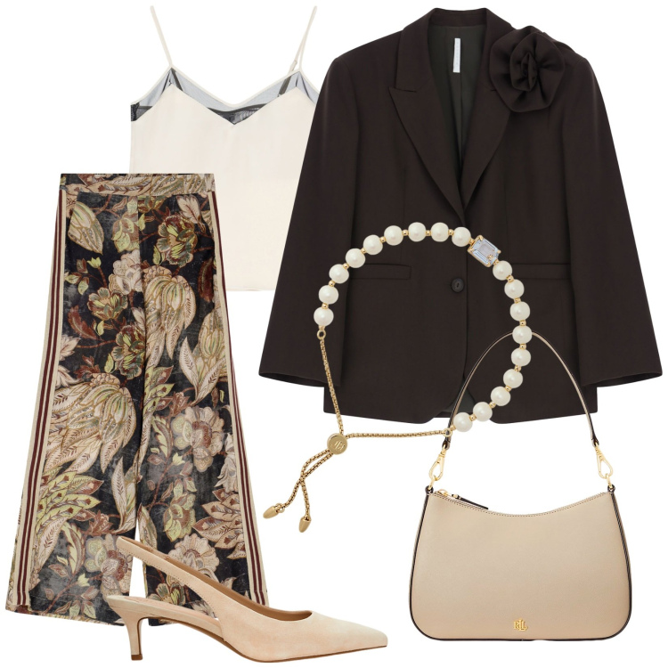 Outfit donna - Fiori d\'autunno. Stile Chic per Cerimonia. Abbinamento con blazer, top, pantaloni, borse a spalla, décolleté, braccialetti.
