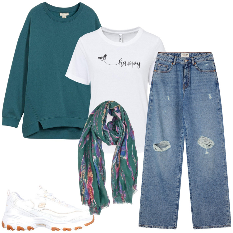 Outfit donna - Un autunno trendy. Stile Trendy per Tutti i giorni. Abbinamento con felpe, t-shirt, jeans strappati, sneakers, foulard.