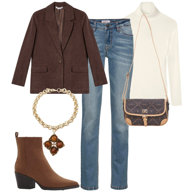 Outfit donna - City. Stile Casual chic per Tutti i giorni. Abbinamento con jeans dritti, stivaletti texani, blazer, maglieria, collane, borse a tracolla.