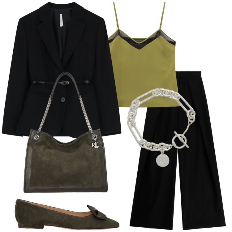 Outfit donna - Manager. Stile Bon Ton per Ufficio. Abbinamento con pantaloni a palazzo, blazer, top, braccialetti, ballerine, borse tote.