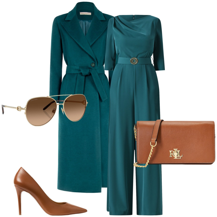 Outfit donna - L\'eleganza dell\'ottanio. Stile Glamour per Cerimonia. Abbinamento con vestiti chemisier, cappotti, décolleté, borse a mano, occhiali da sole.