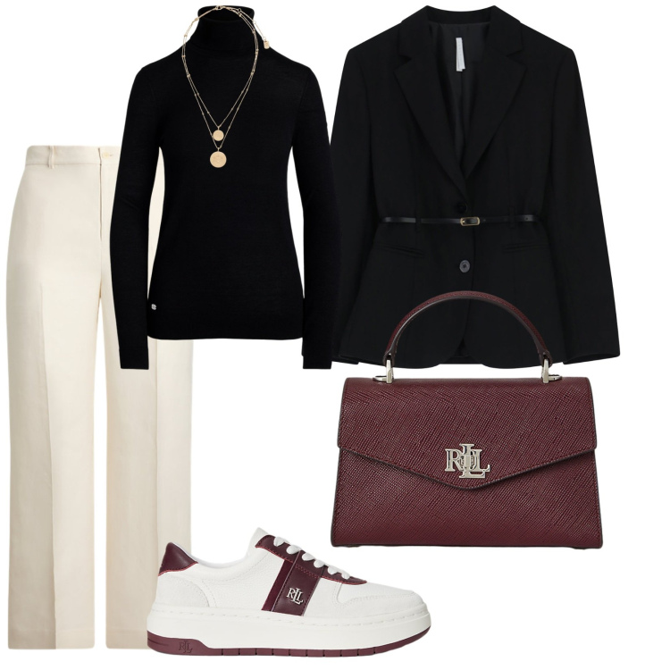 Outfit donna - Il venerdì in ufficio. per Ufficio. Abbinamento con blazer, ciondoli, sneakers, borse a mano, pantaloni, maglieria.