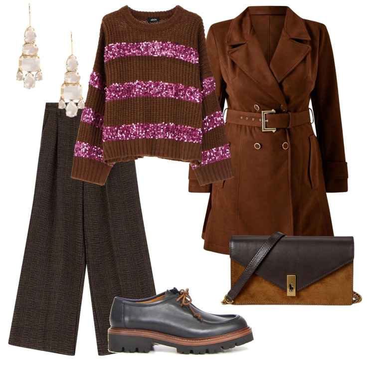 Outfit donna - Fine settimana. per Tutti i giorni. Abbinamento con trench, pantaloni a palazzo, maglieria, clutch, orecchini, mocassini.