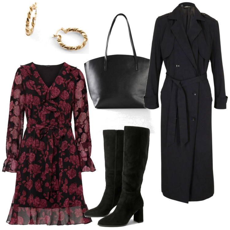 Outfit femme - Melandrine. Style Tendance pour Tous les jours. Assortir avec robes, sac cabas, imperméable, boucles d'oreilles, bottes.