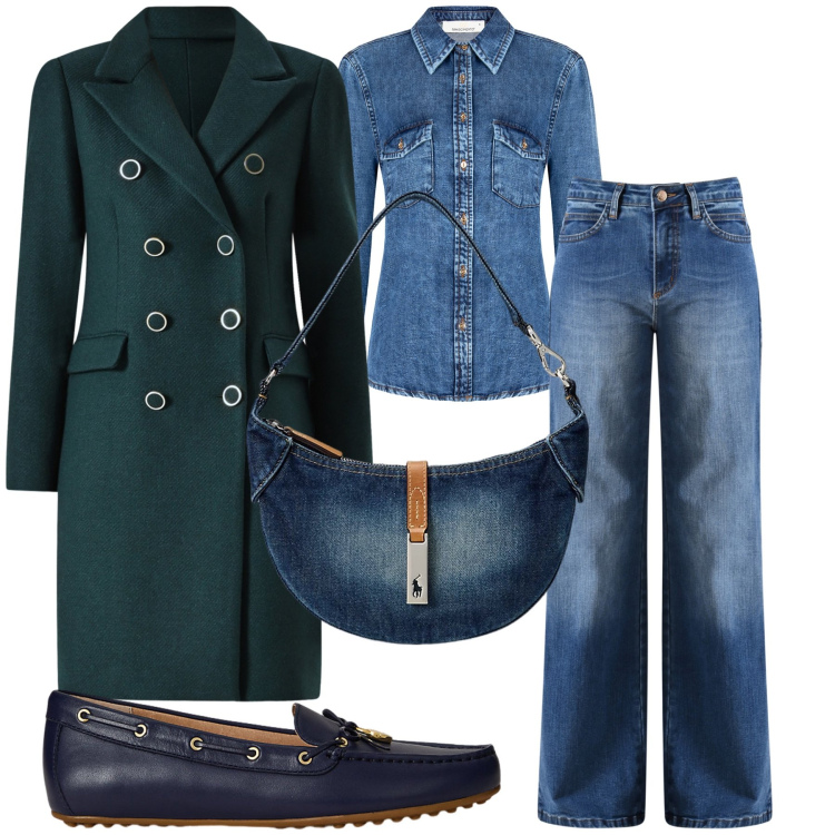 Outfit donna - Ottanio e blue jeans. Stile Casual chic per Tutti i giorni. Abbinamento con jeans, camicie, cappotti, mocassini, borse a spalla.
