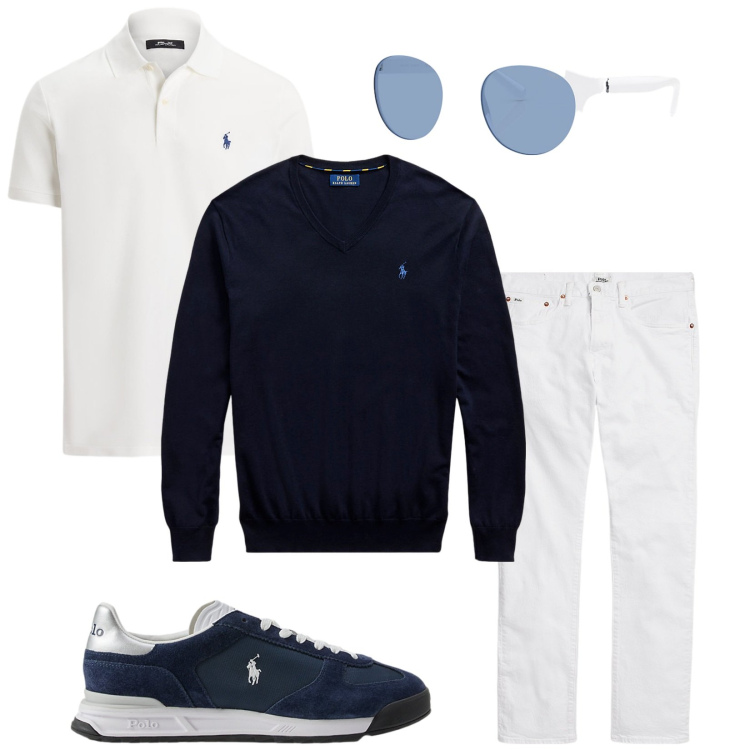Outfit uomo - Pranziamo in barca. Stile Casual per Tutti i giorni. Abbinamento con jeans, maglieria, polo, sneakers, occhiali da sole.