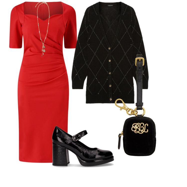 Outfit donna - Venerdì sera. per Serata fuori. Abbinamento con vestiti a tubino, pochette, ciondoli, décolleté, cardigans.