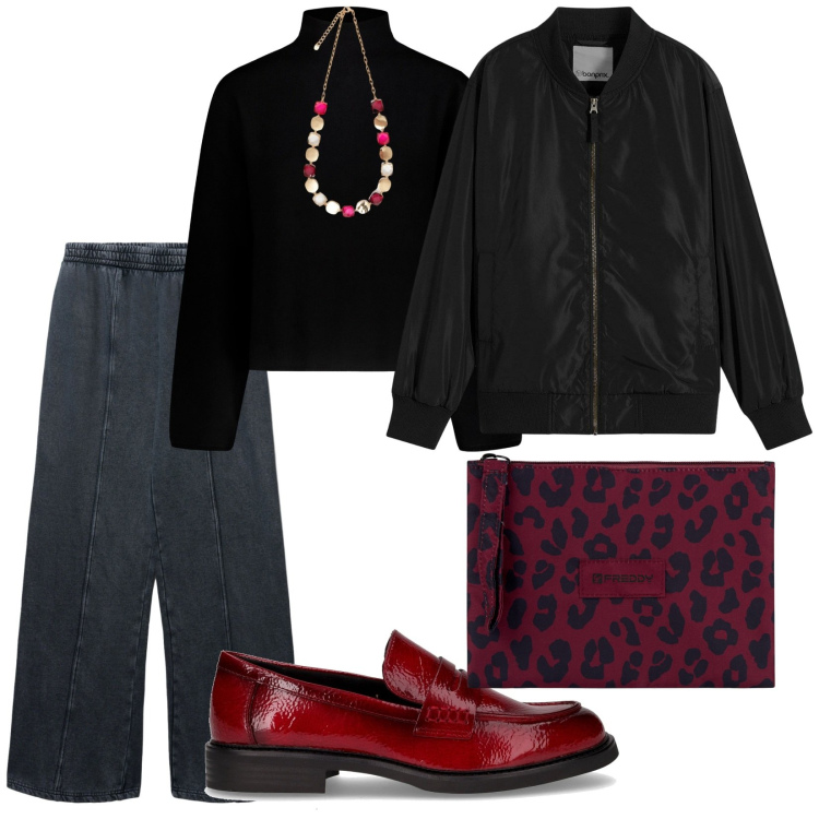 Outfit donna - Per negozi. per Tutti i giorni. Abbinamento con bomber, pantaloni, clutch, mocassini, maglieria, collane.