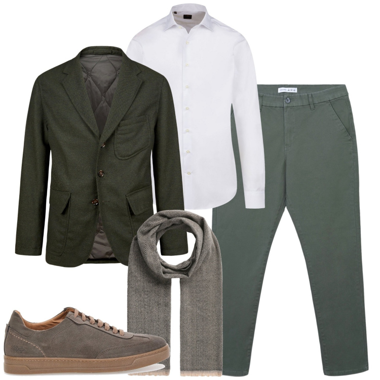 Outfit uomo - City. Stile Urban per Tutti i giorni. Abbinamento con sciarpe, pantaloni chino, giacche, sneakers, camicie.